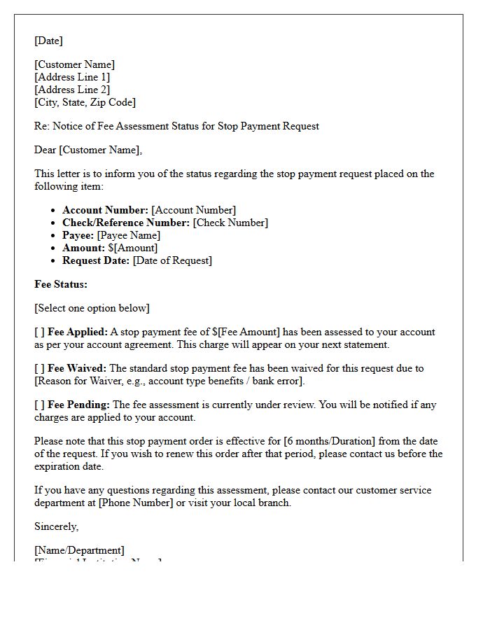 Stop Payment Fee Assessment Status Letter