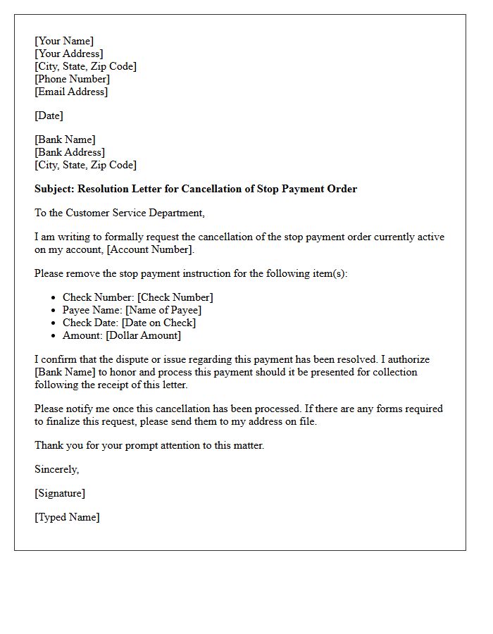 Stop Payment Order Cancellation Resolution Letter