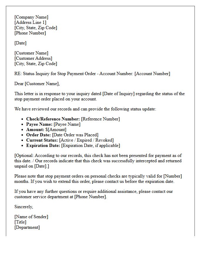 Stop Payment Order Status Inquiry Response Letter