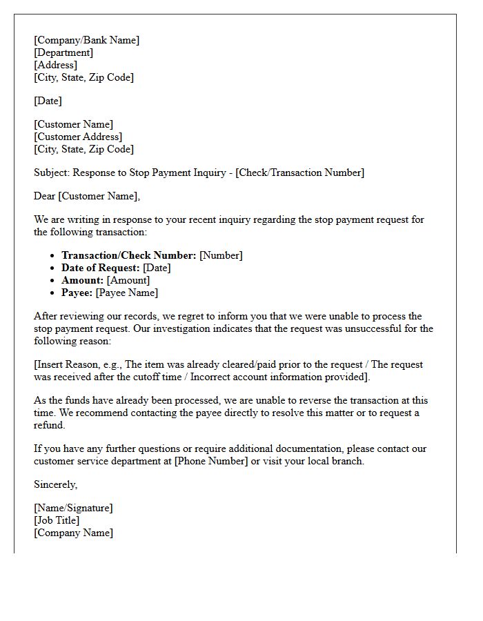 Unsuccessful Stop Payment Inquiry Response Letter