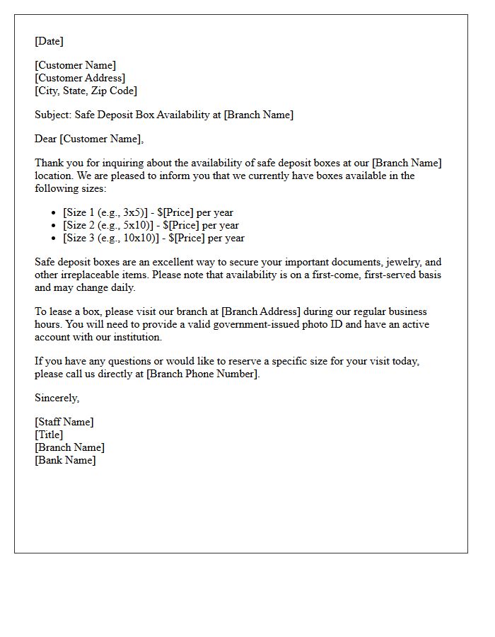 Branch Specific Safe Deposit Box Availability Letter