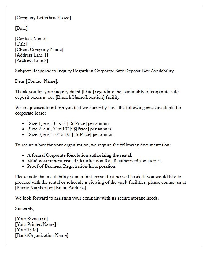 Corporate Safe Deposit Box Availability Response Letter