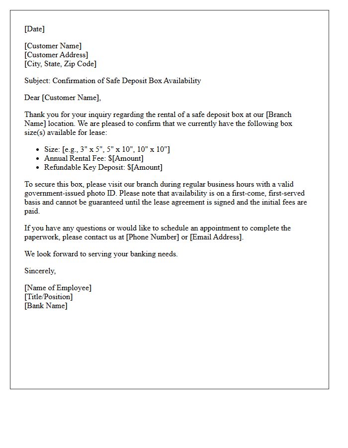 Safe Deposit Box Availability Confirmation Letter