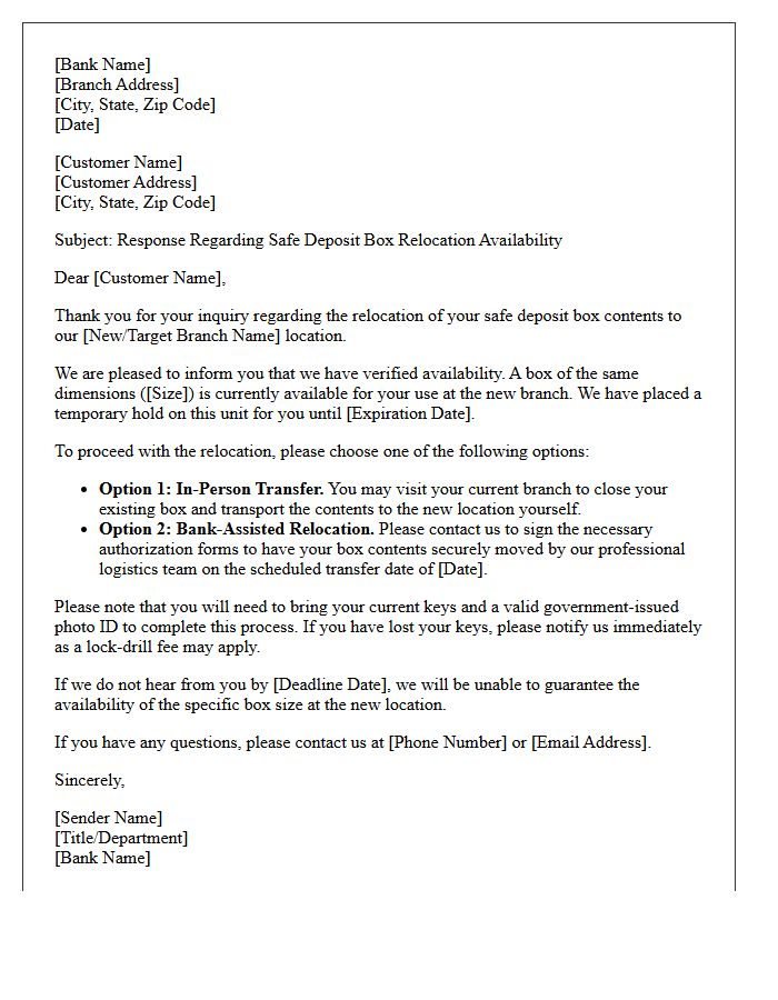 Safe Deposit Box Relocation Availability Response Letter