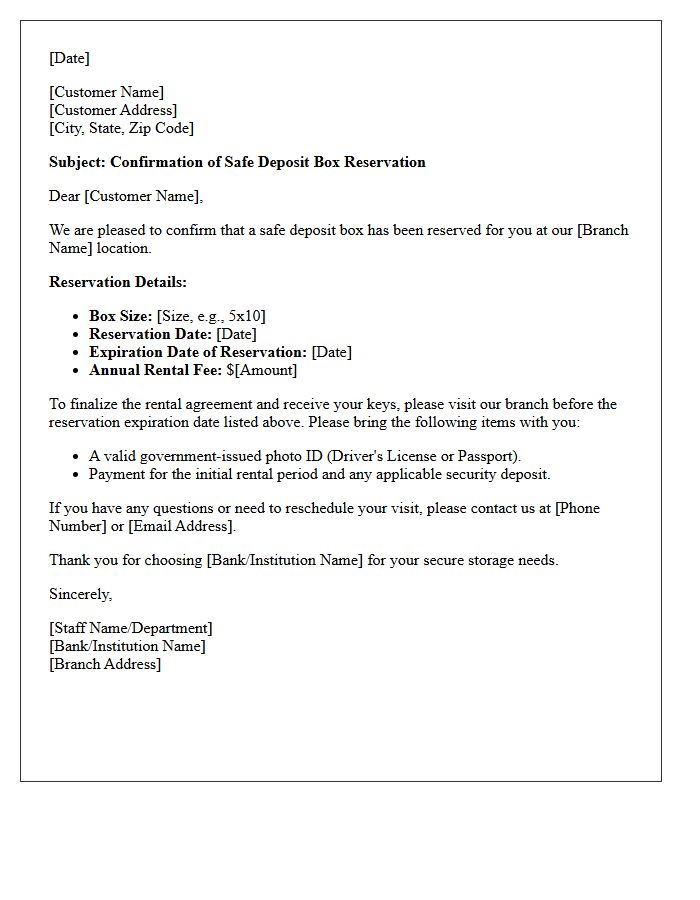Safe Deposit Box Reservation Confirmation Letter