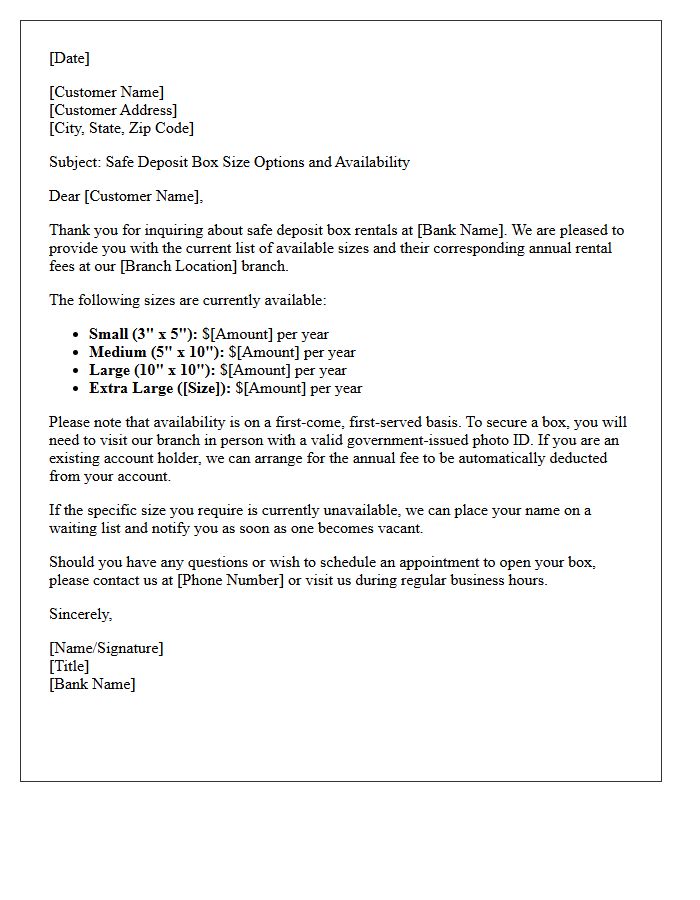 Safe Deposit Box Size Options Availability Letter