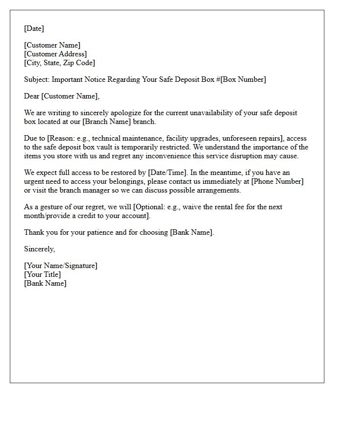 Safe Deposit Box Unavailability Apology Letter