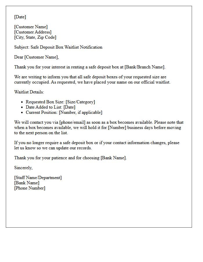 Safe Deposit Box Waitlist Notification Letter