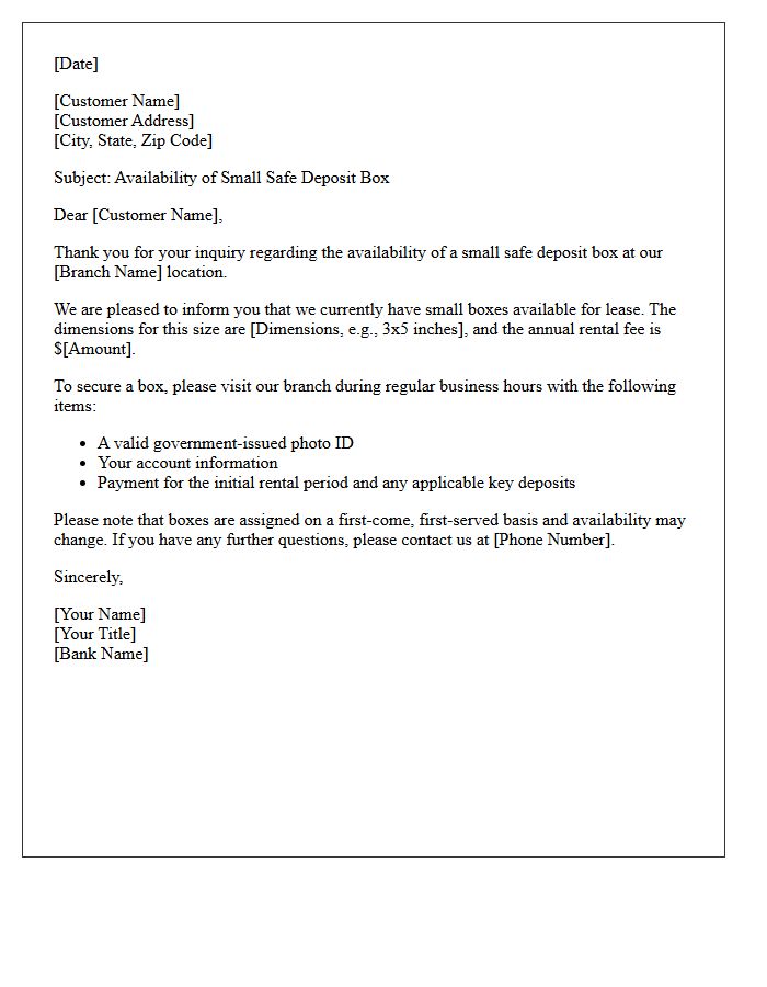 Small Safe Deposit Box Availability Response Letter