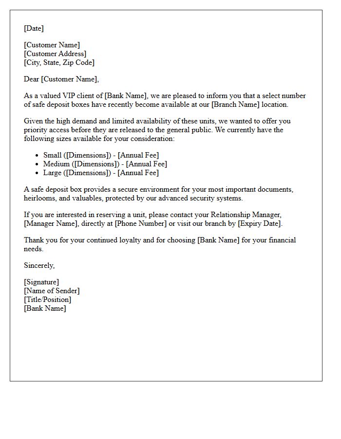 VIP Customer Safe Deposit Box Availability Letter