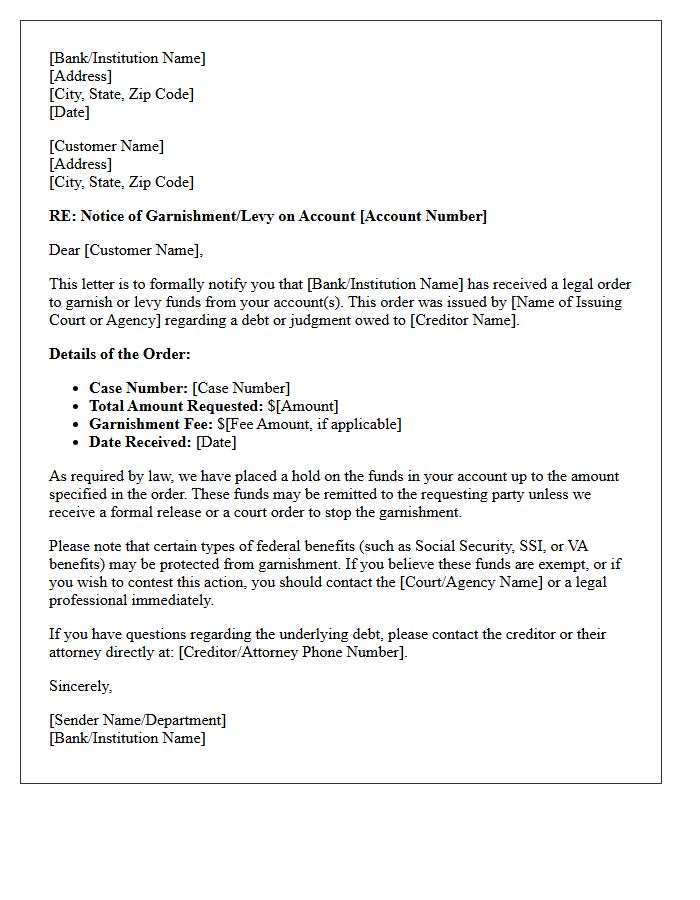 Account Garnishment Order Customer Notification Letter