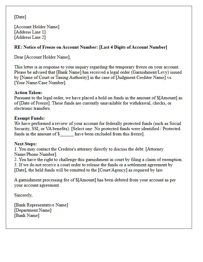 Account Holder Garnishment Freeze Inquiry Response Letter