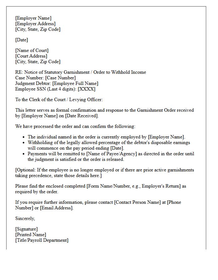 Court Issued Garnishment Order Confirmation Response Letter