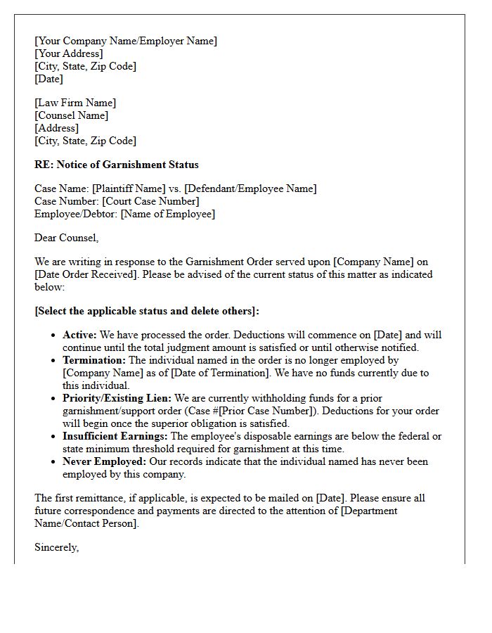 Creditor Counsel Garnishment Order Status Response Letter