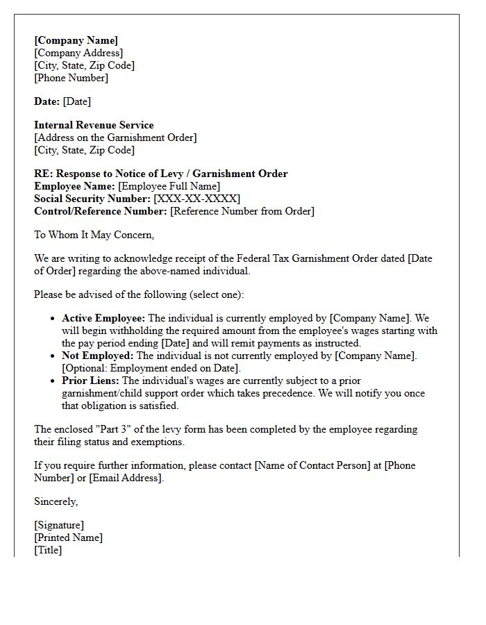 Federal Tax Garnishment Order Agency Response Letter