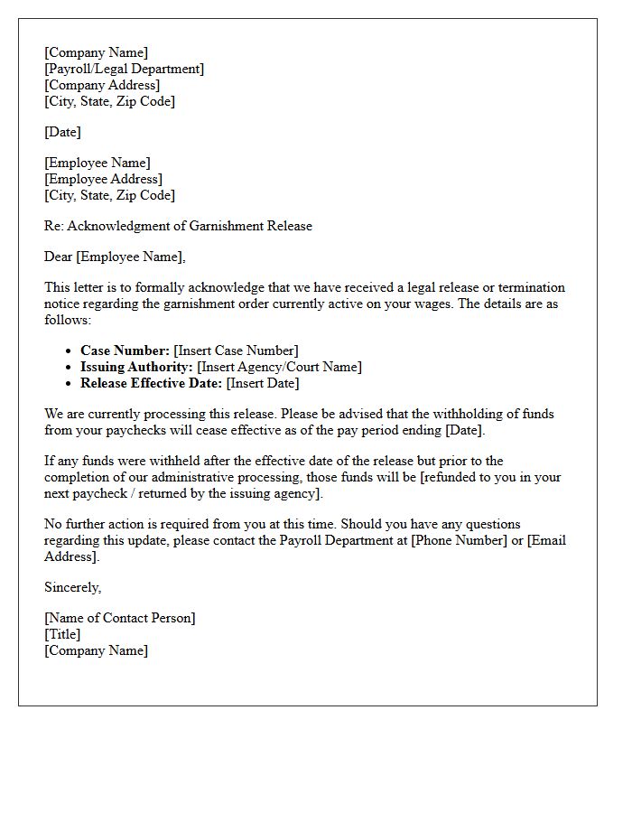 Garnishment Order Release Processing Acknowledgment Letter