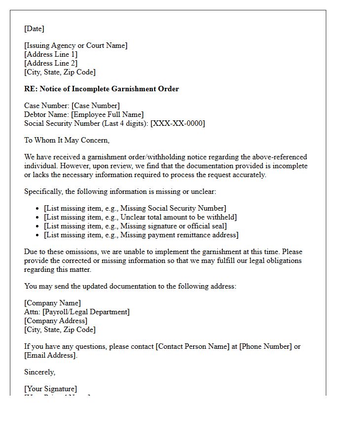 Incomplete Garnishment Order Information Request Letter