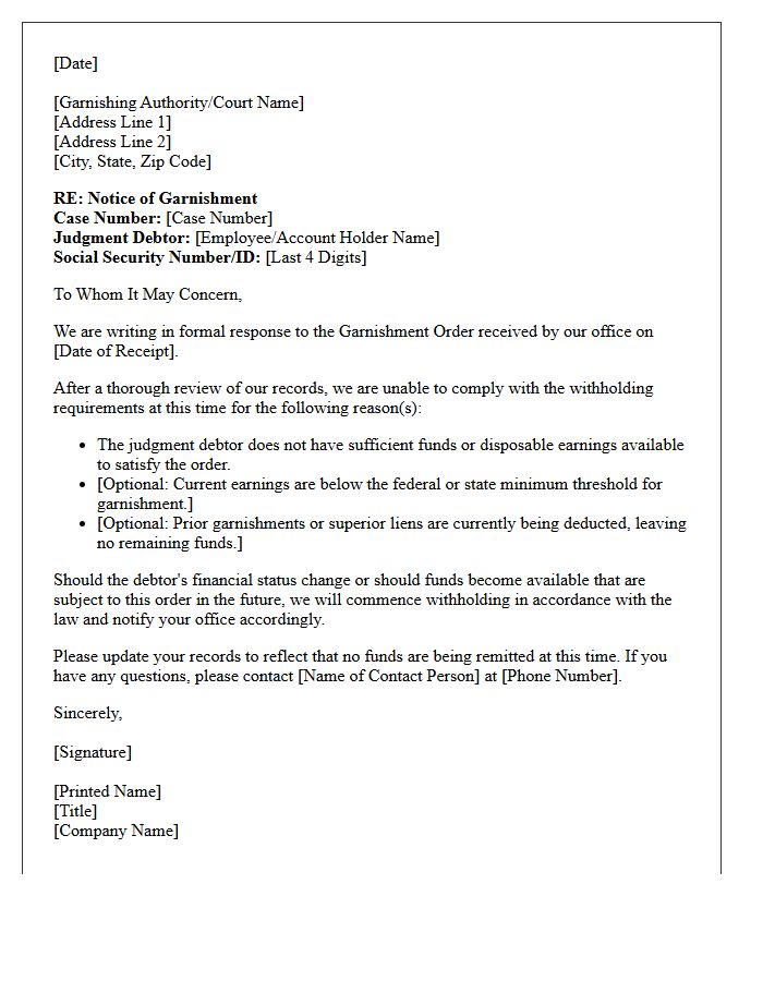 Insufficient Funds Garnishment Order Inquiry Response Letter