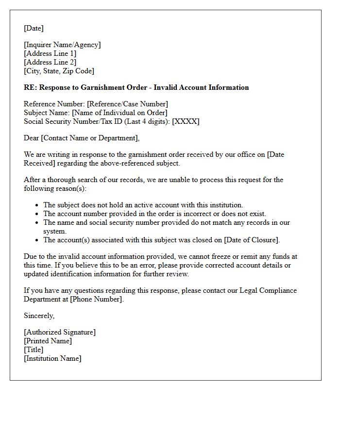 Invalid Account Garnishment Order Inquiry Response Letter