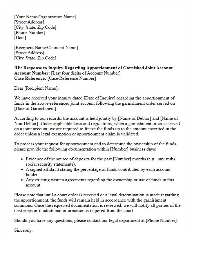 Joint Account Garnishment Apportionment Inquiry Response Letter