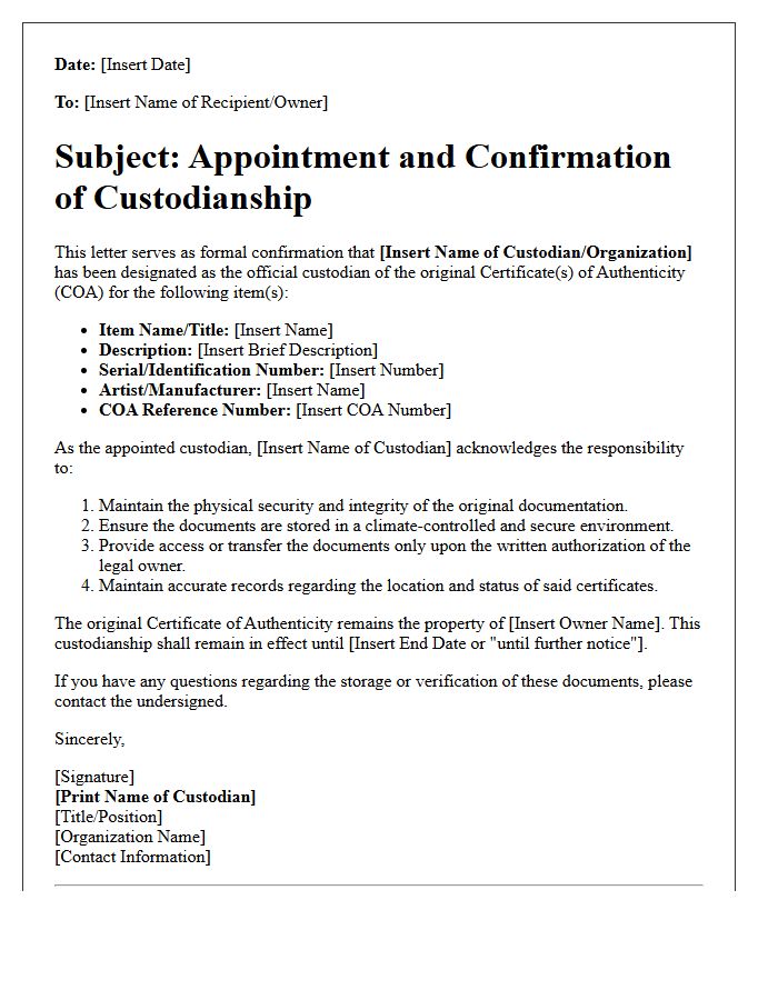 Certificate of Authenticity Custodian Letter