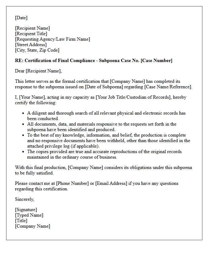 Final Subpoena Compliance Certification Letter