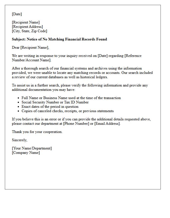 No Matching Financial Records Found Letter