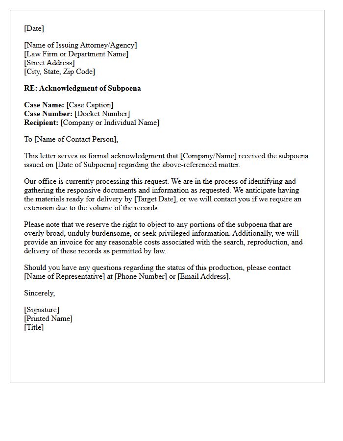 Subpoena Acknowledgment and Processing Letter