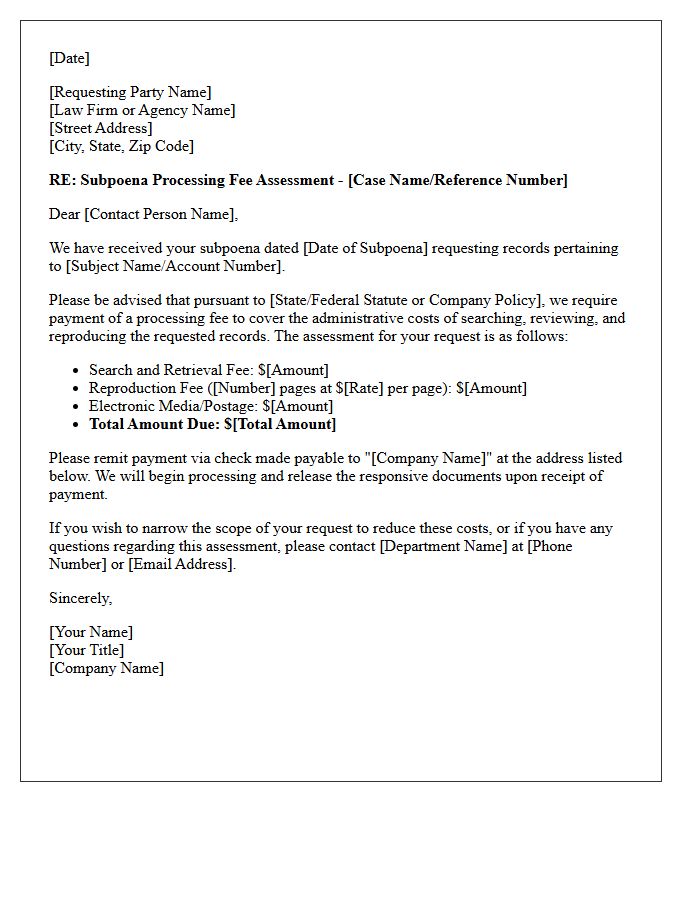 Subpoena Processing Fee Assessment Letter