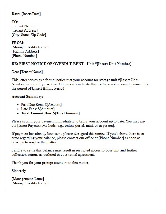 Debt Collection First Notice for Storage Rent Letter