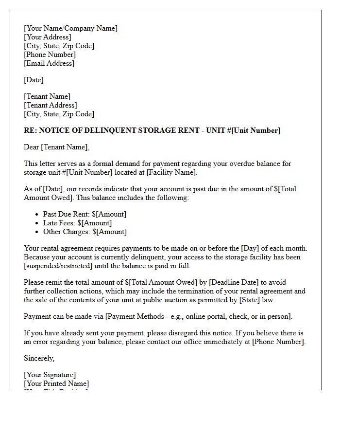 Debt Collection Initial Demand for Storage Rent Letter