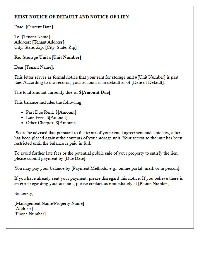 First Notice of Default on Storage Unit Rent Letter