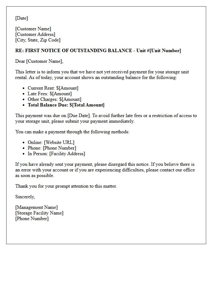 First Notice of Outstanding Storage Facility Balance Letter