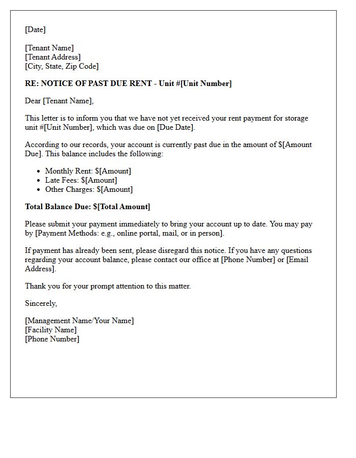Initial Notice of Past Due Storage Rent Letter