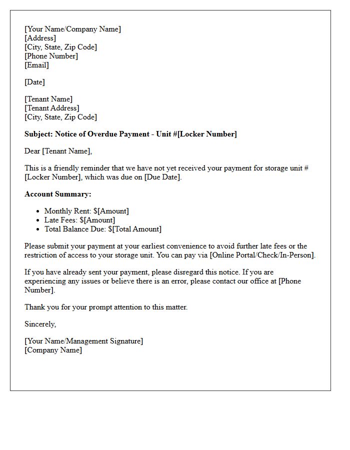 Initial Storage Locker Overdue Payment Reminder Letter