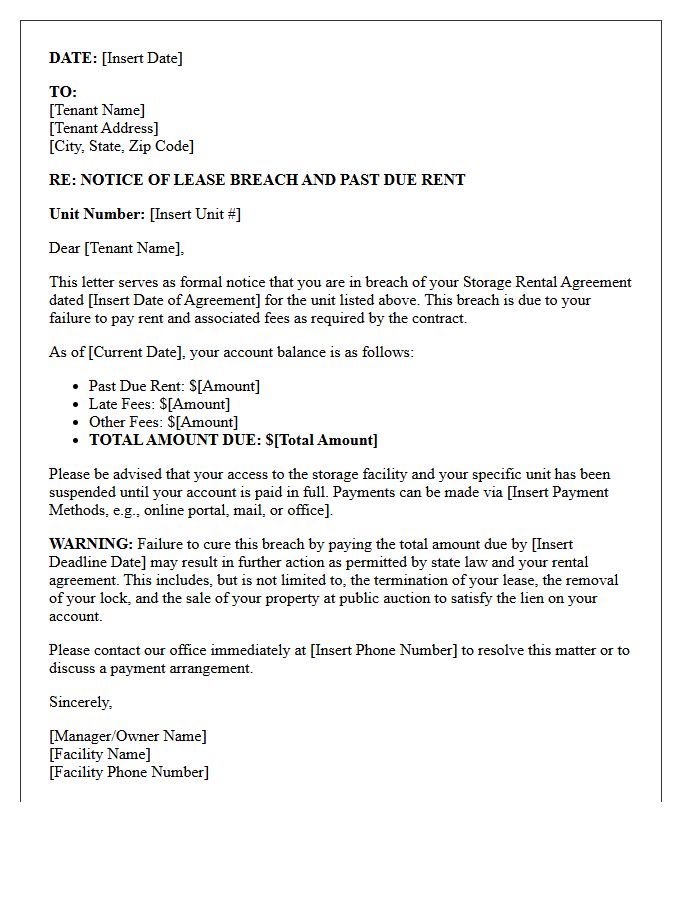 Storage Rental Agreement Past Due Breach Letter