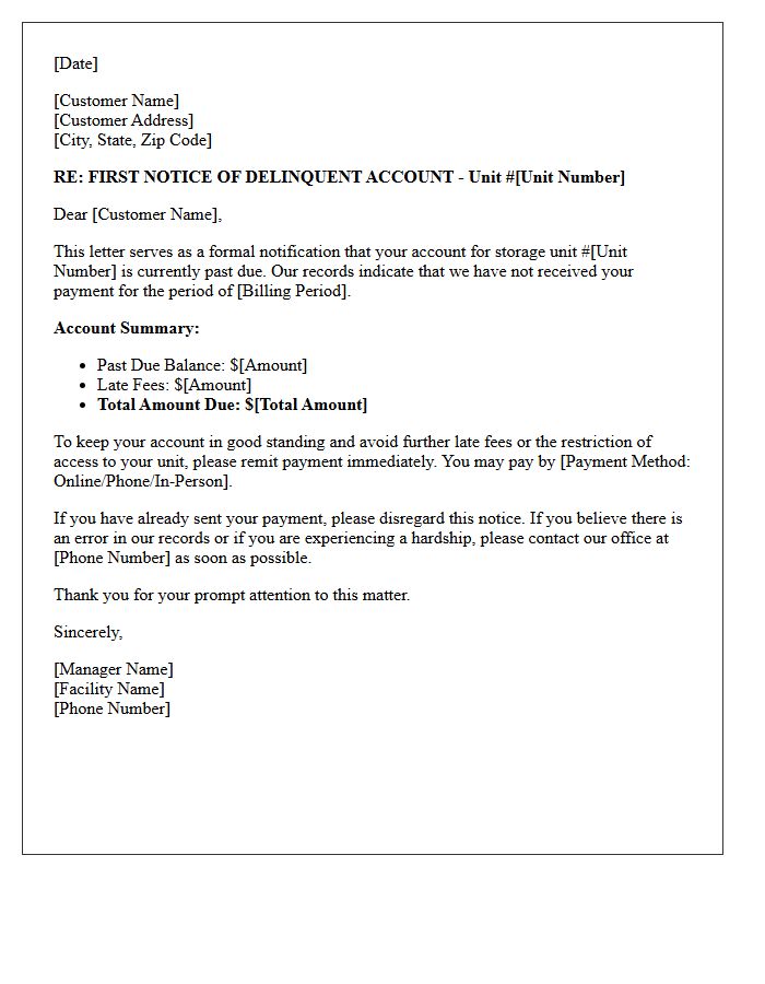 Storage Unit Delinquent Account First Warning Letter
