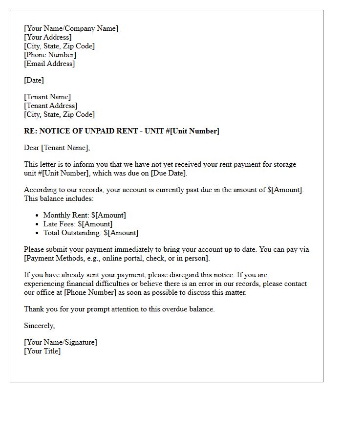Storage Unit Rent Arrears Initial Notification Letter