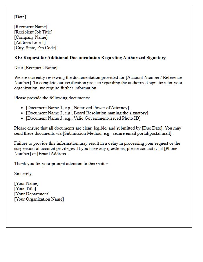 Additional Documentation Request for Authorized Signatory Inquiry Letter