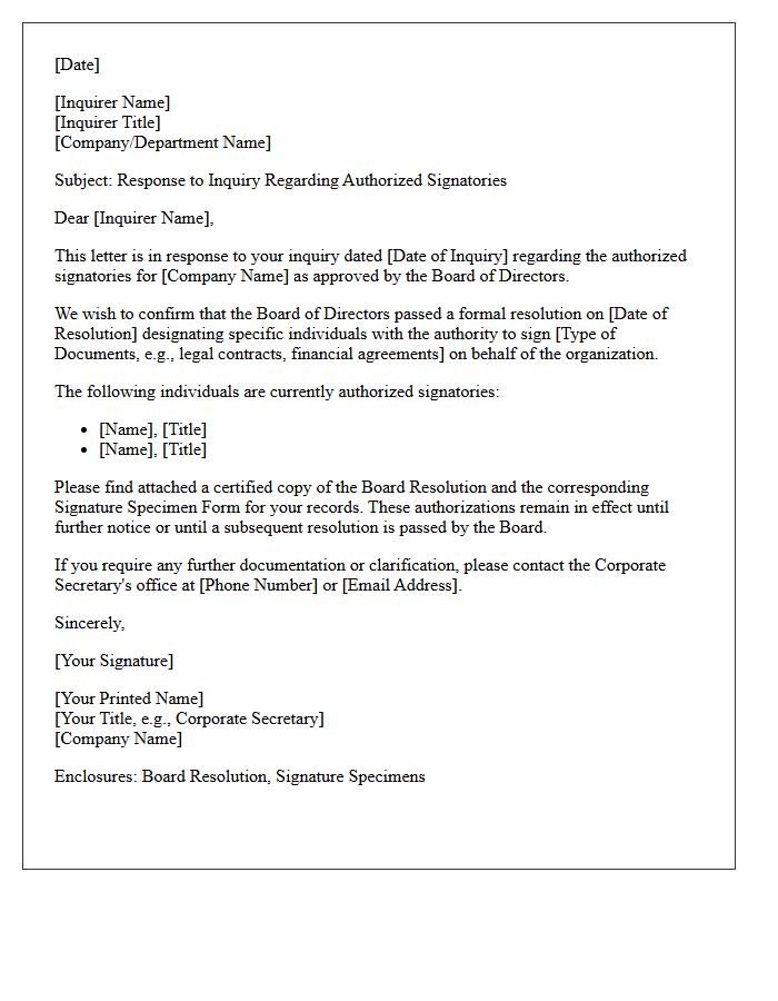 Board of Directors Signatory Approval Inquiry Response Letter