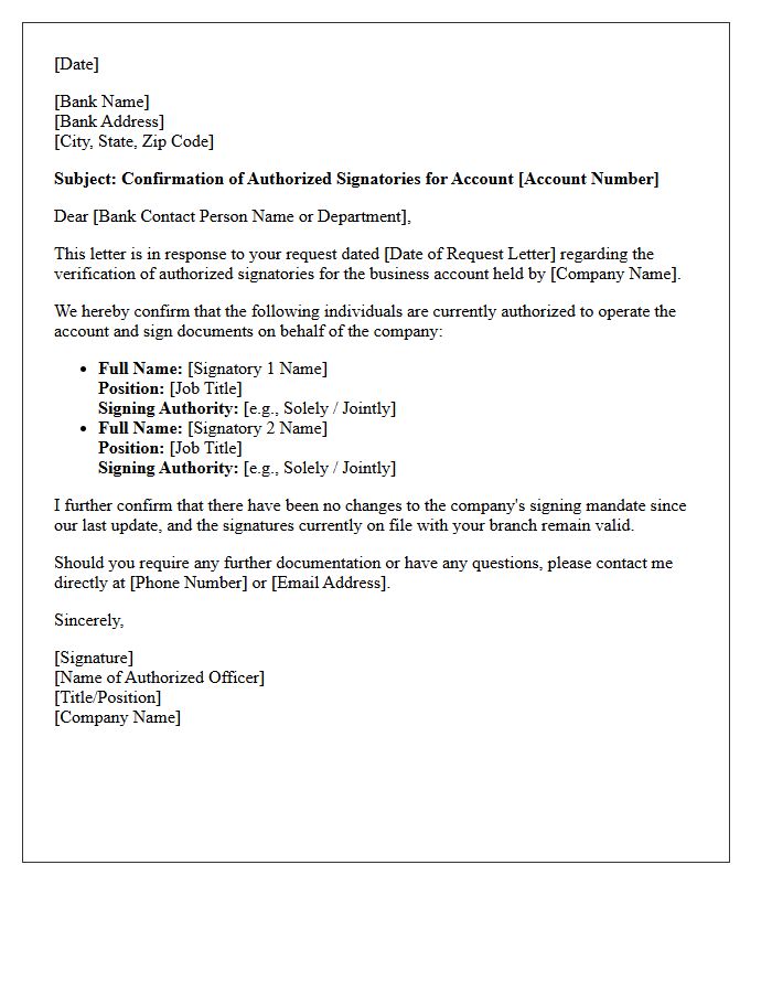 Business Account Authorized Signatory Confirmation Response Letter