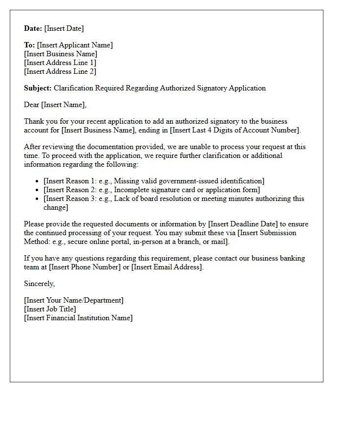 Business Account Signatory Rejection and Clarification Letter