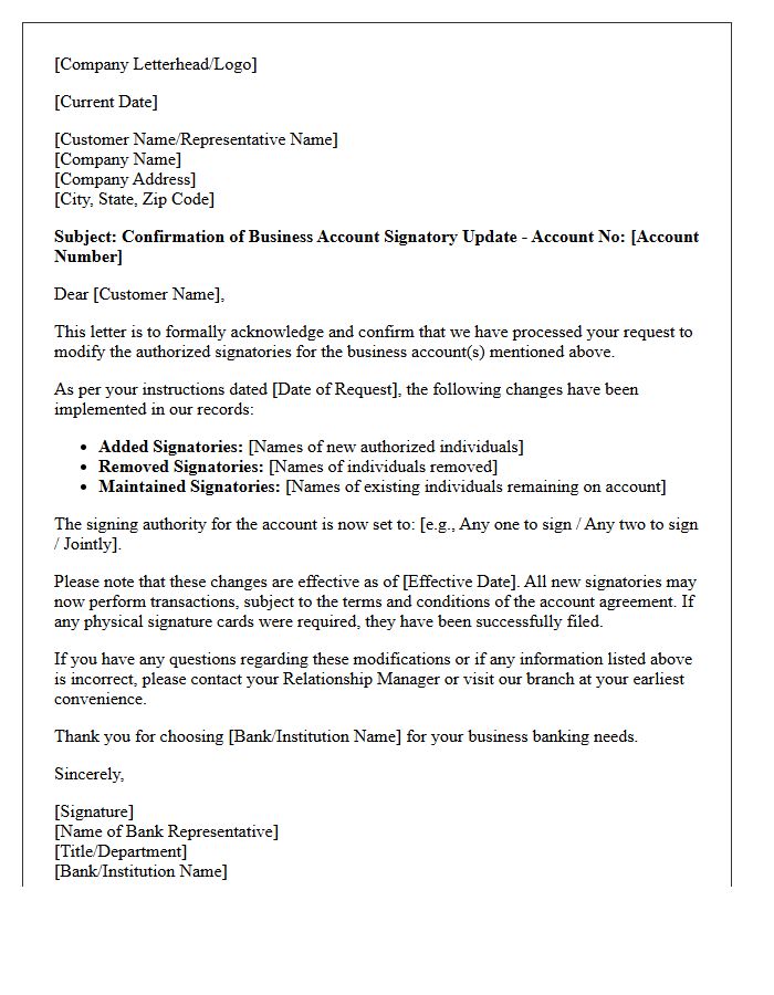 Business Account Signatory Update and Modification Response Letter
