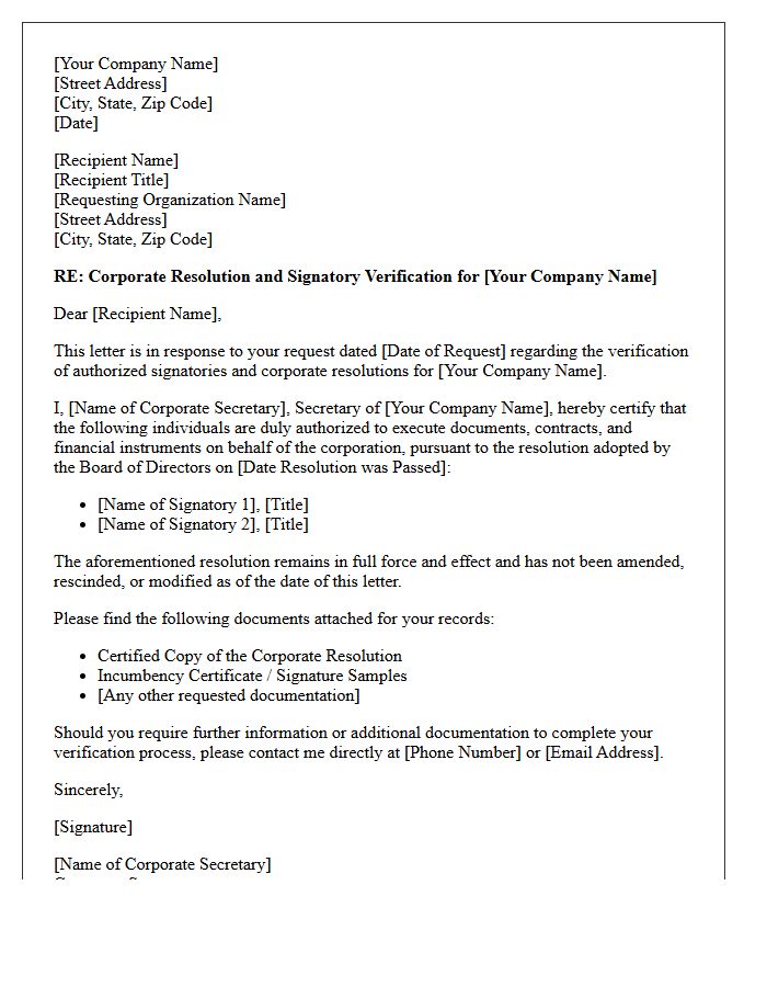 Corporate Resolution and Signatory Verification Response Letter