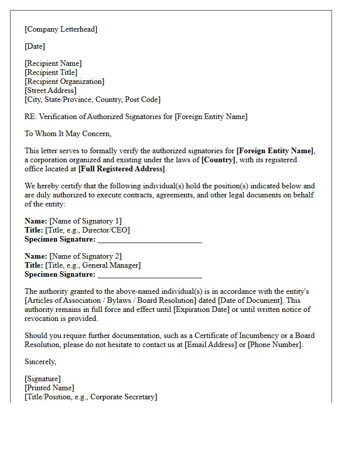 Foreign Business Entity Signatory Verification Response Letter