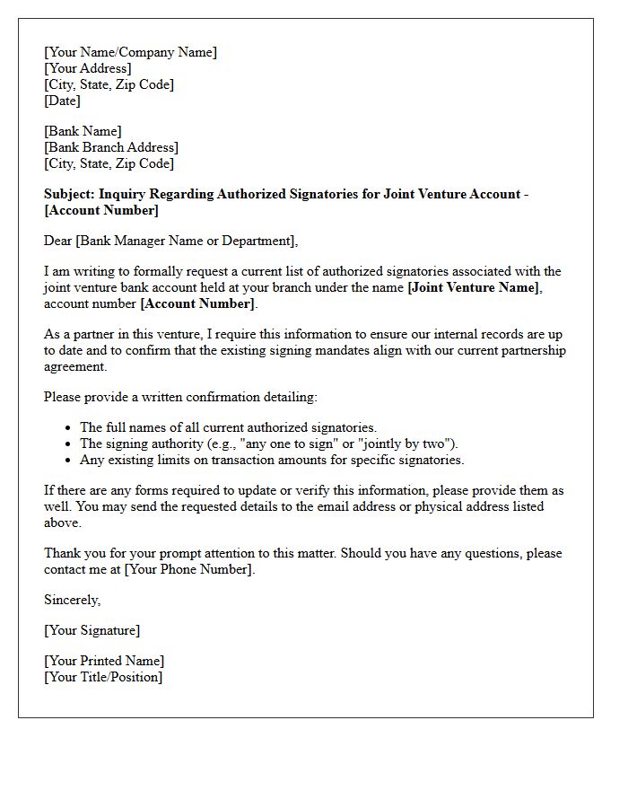 Joint Venture Account Authorized Signatory Inquiry Letter