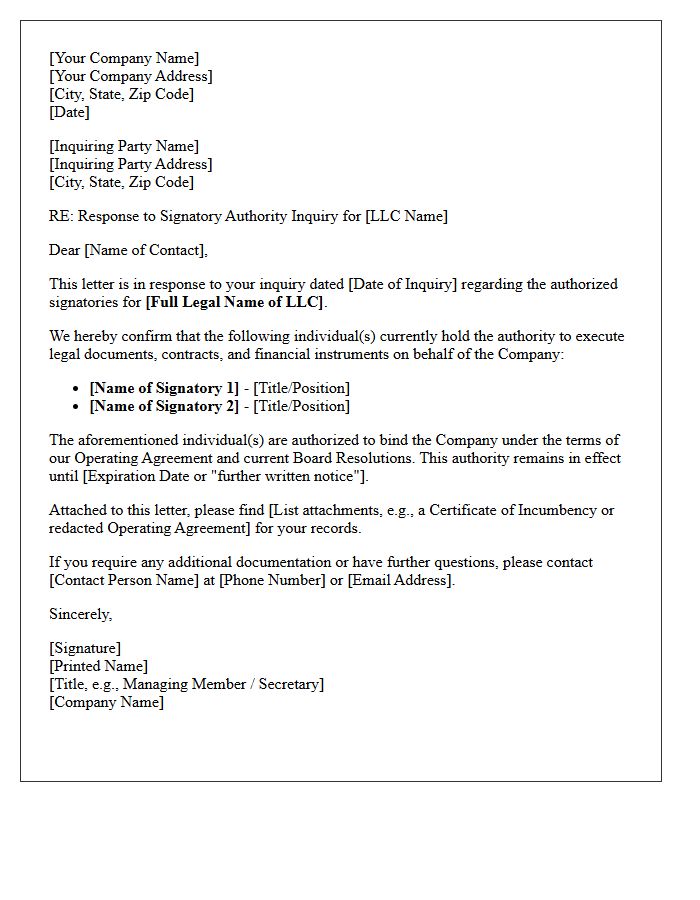 Limited Liability Company Signatory Inquiry Response Letter