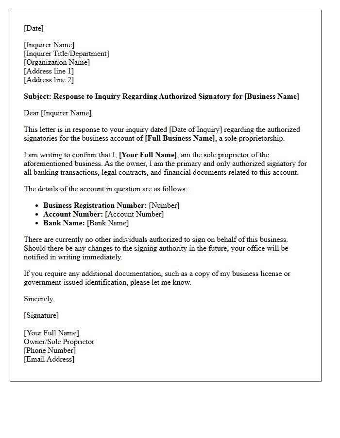 Sole Proprietorship Account Signatory Inquiry Response Letter