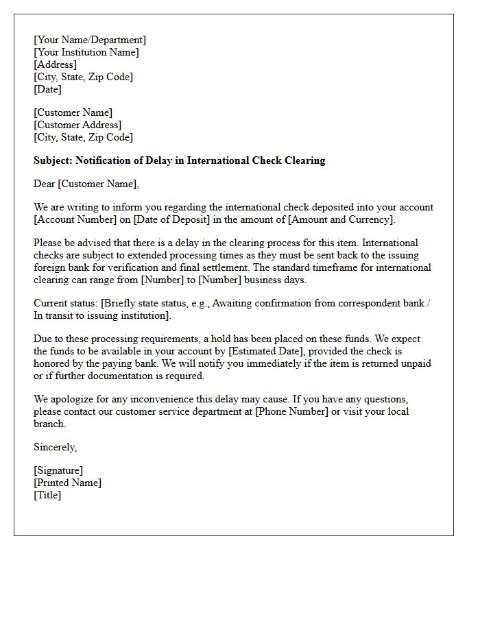 International Check Clearing Delay Response Letter