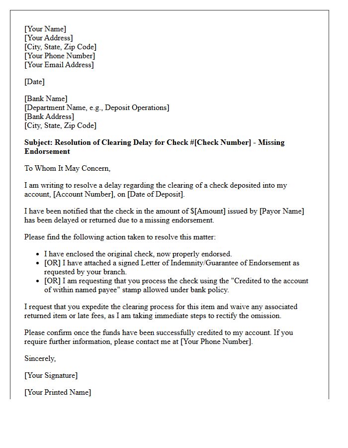 Missing Endorsement Check Clearing Delay Resolution Letter
